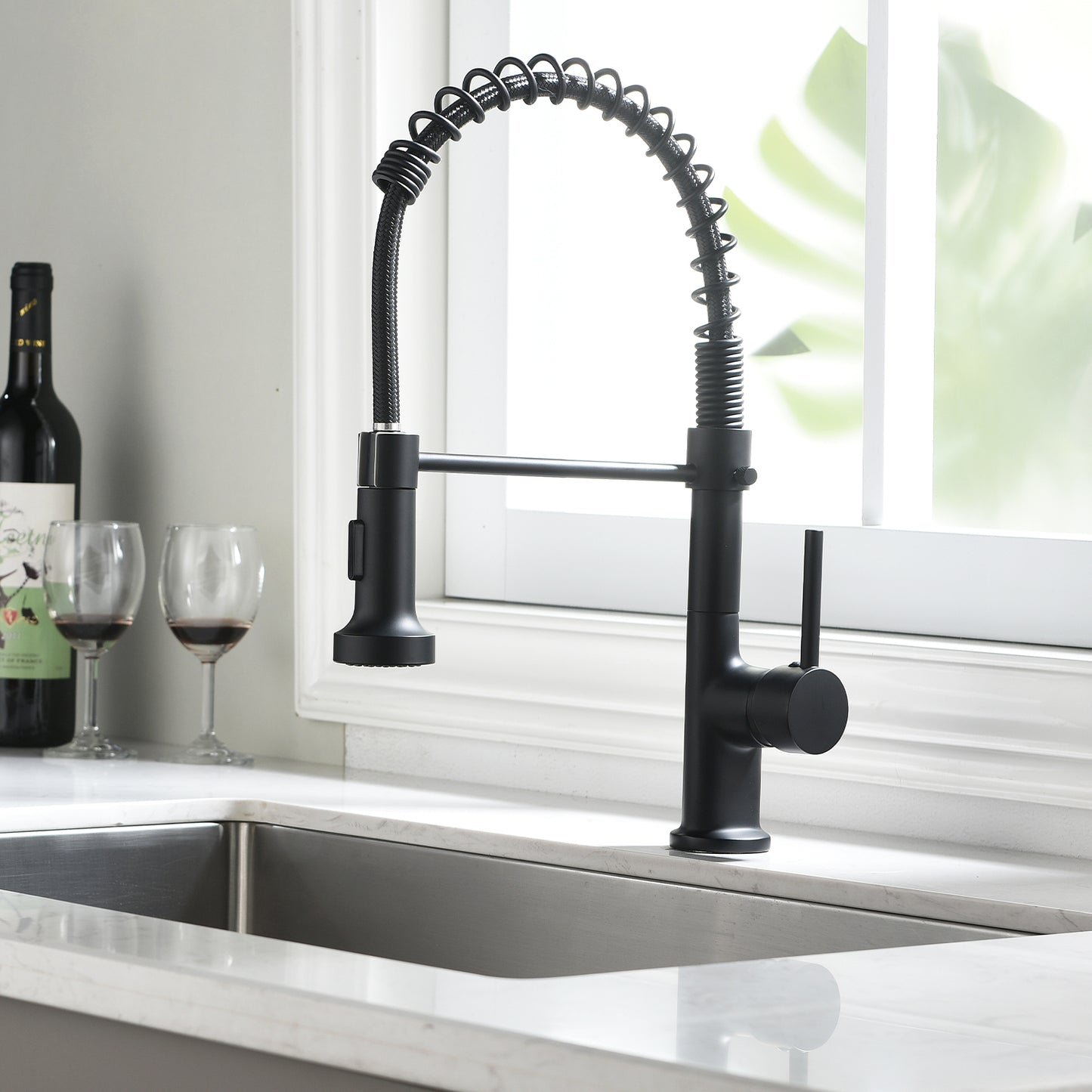 Modern Single Handle Spring Kitchen Faucet with Spray Brushed Nickel/Black